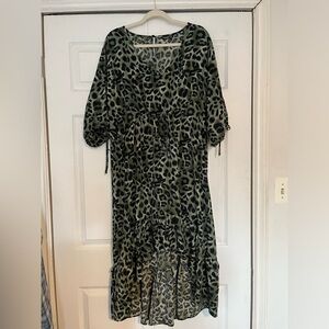 Green leopard print high low dress